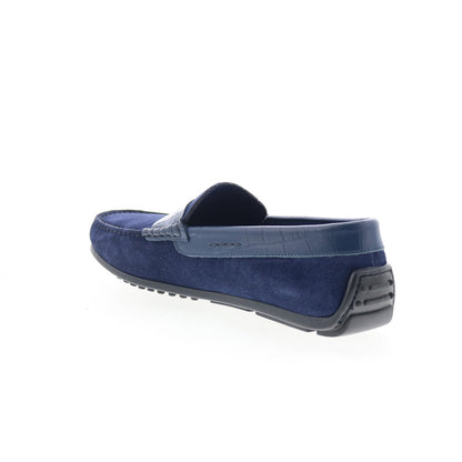 Zelli Italia Monza Calf Suede Embossed Crocodile Mens Blue Loafers Shoes