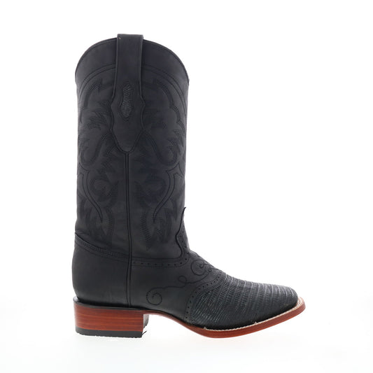 Los Altos Square Toe Teju Lizard Saddle Mens Black Wide Cowboy Western Boots