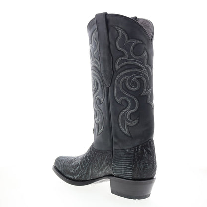 Los Altos J-Toe Teju Lizard Exotic Leather Mens Black Wide Cowboy Western Boots